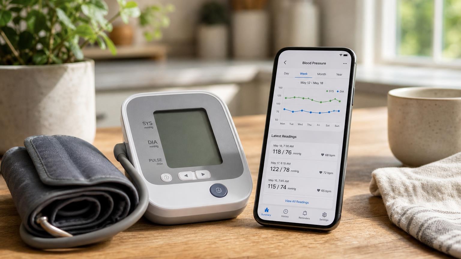 A home blood pressure monitor beside a smartphone displaying a tracking graph