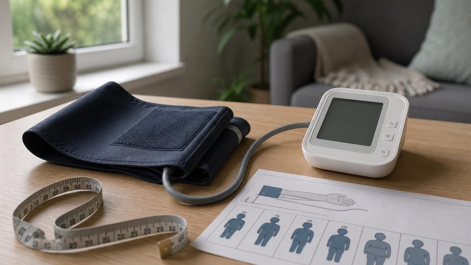 A person adjusting an upper-arm blood pressure cuff while seated at a table