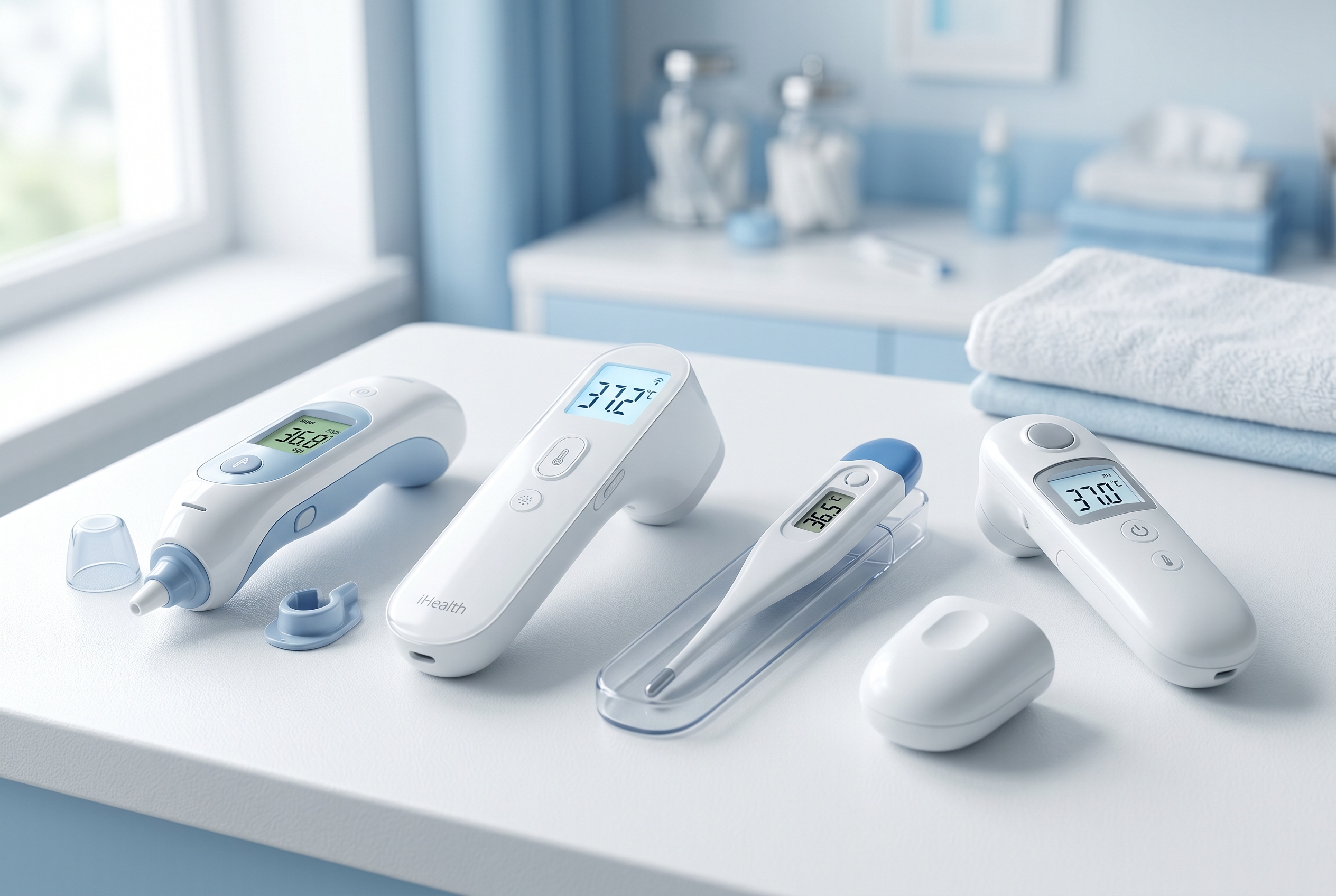 Several home thermometers arranged in a comparison layout